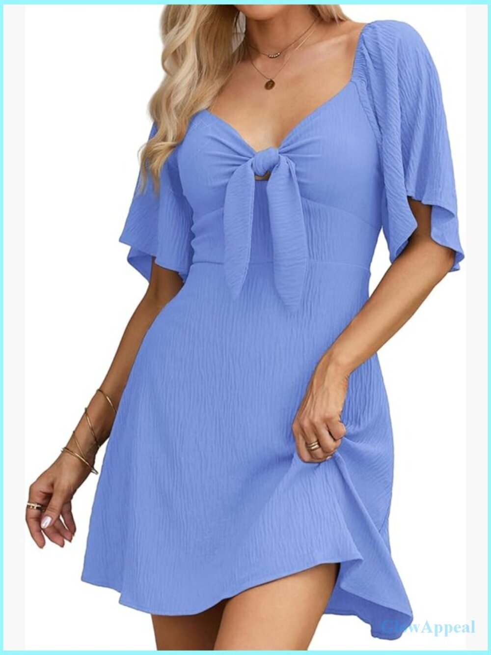 Women's Deep V Neck Bow Tie Mini Dress Flowy Puff Sleeve Cocktail